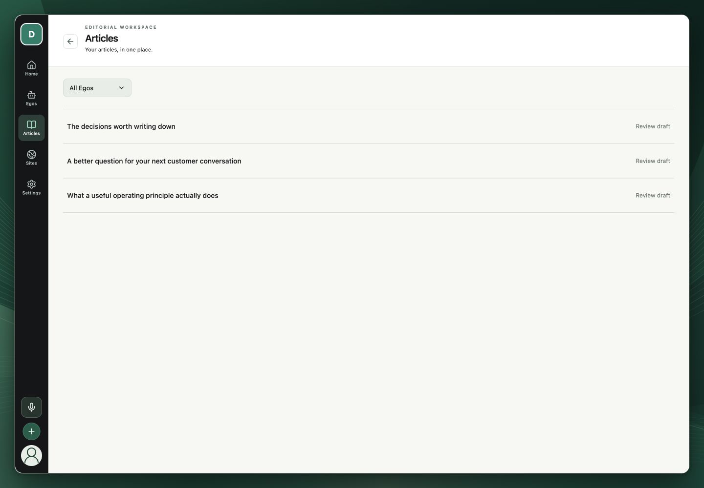 Actual AuthorEgo workspace showing a list of sample articles awaiting review